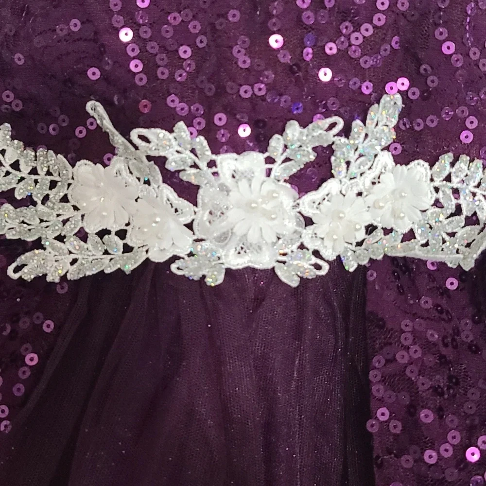 Weissman Dance Costume‎ Girls Purple Sequins Floral Applique Layers Sz LC? EUC